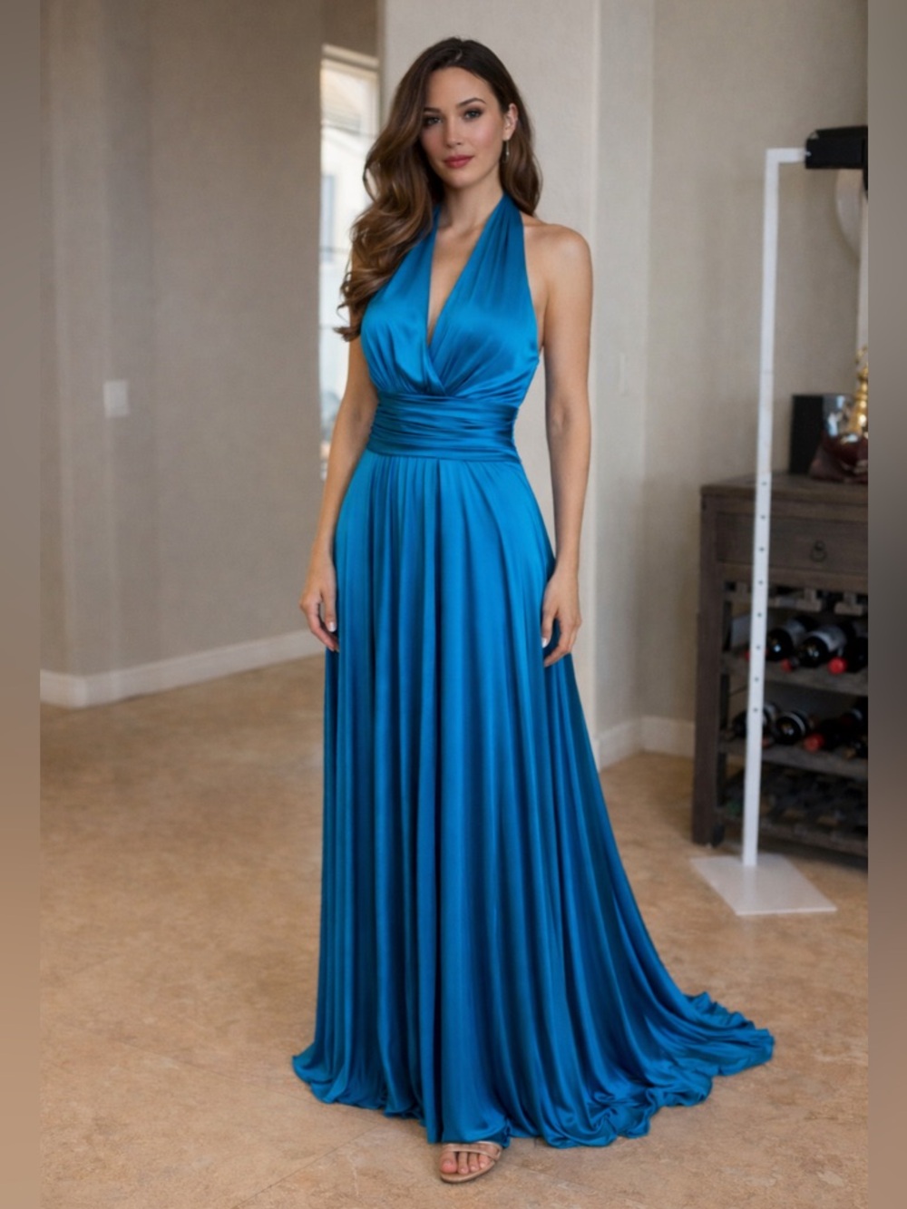 AMUR NWT Teal Halter Gown Pleated Maxi Dress Formal Wedding Guest Dress